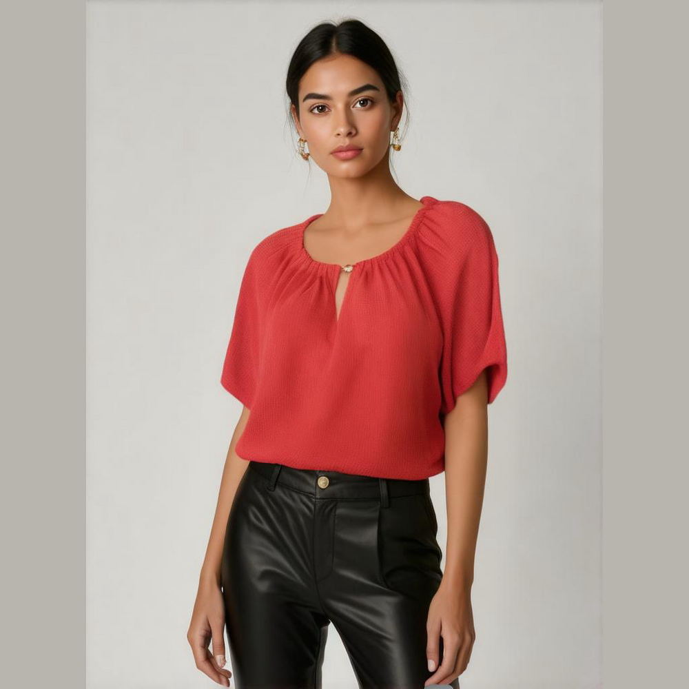 Micheal Kors Women’s Short Sleeve Gathered Keyhole Peasant Top - Geranium